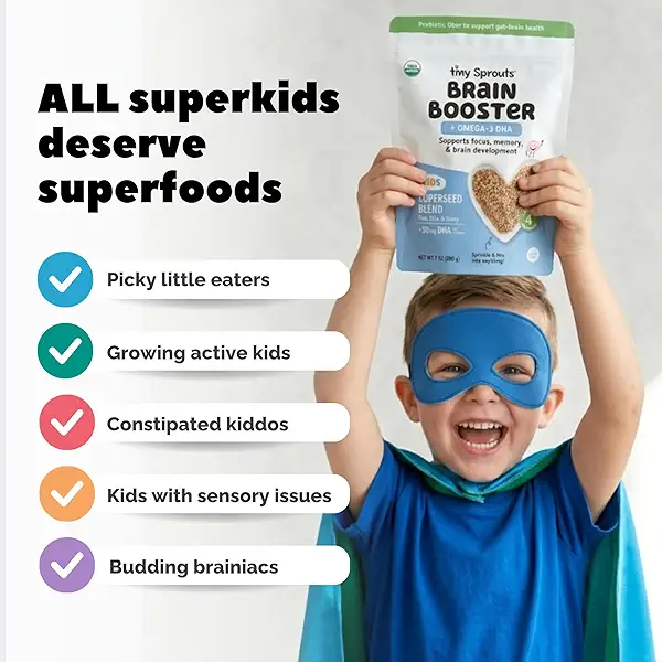 Tiny Sprouts Organic Milled Flax, Chia & Hemp Seeds Brain Booster + Vegan Omega-3 DHA | Kids Focus, Learning & Cognitive Support | Prebiotic Fiber, Protein, Iron, Zinc | Gluten-Free Plant-Based Superseed Blend | 7 oz 7