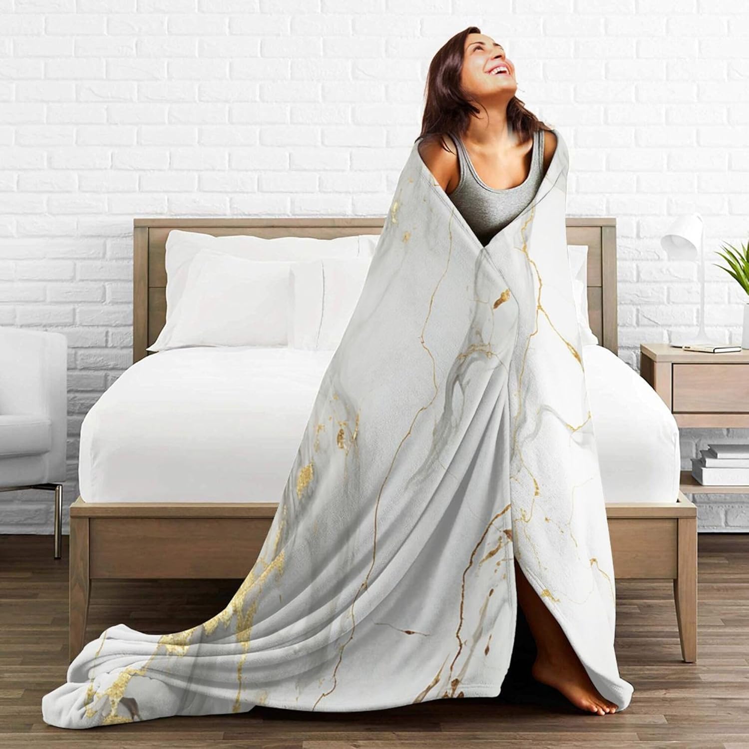 Soft Warm Throw Blanket for Couch Living Room White Gold Marble Print Cozy Fuzzy Throw Blanket for Sofa Bed Blanket 60"x50"