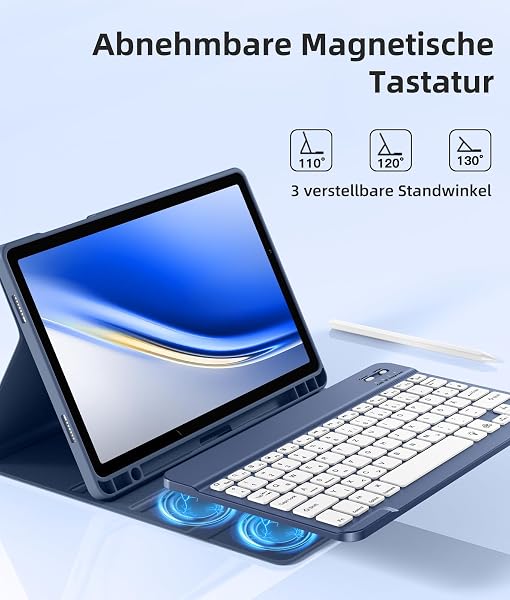 Vobafe Hülle mit Tastatur für Samsung Galaxy Tab A11+ Plus 11 Zoll 2025 / Tab A9+ Plus 2023, 7 Farben Beleuchtete mit Abnehmbare Tastatur, TPU Rückschale mit Stifthalter, QWERTZ, Blaugrau - 3