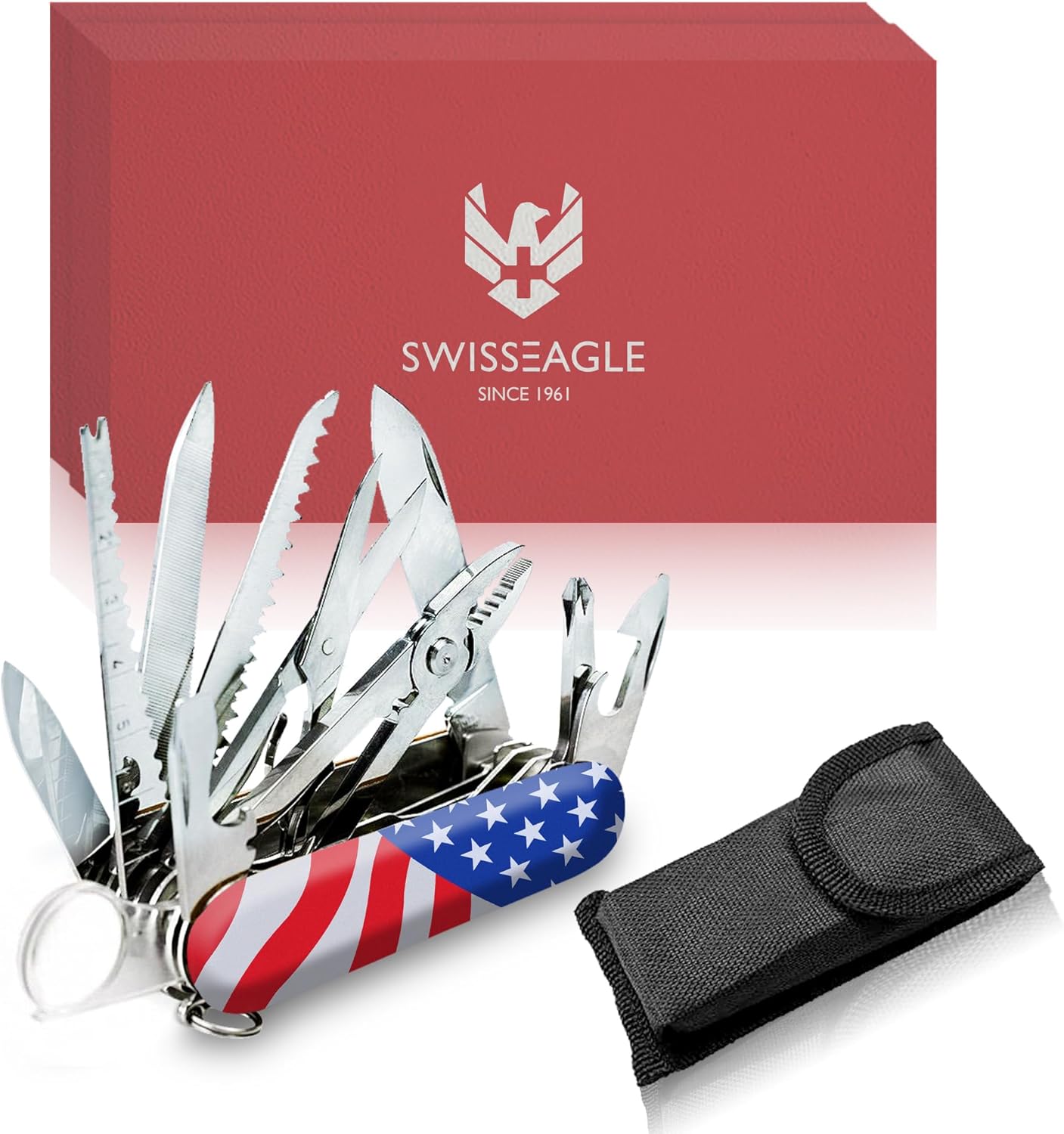 Swiss Eagle 30-in-1 Classic Pocket Knife, Premium Multi Tool Pocket Knife with Large Blade, Scissor, Screwdriver, Magnifying Glass, Tweezer for Gifts - American Flag