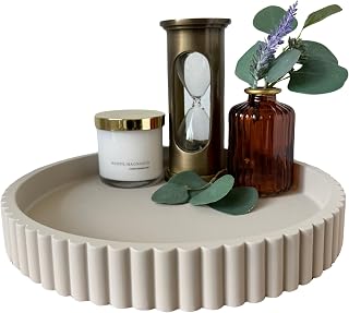OAKOA Handcrafted Concrete Round Decorative Tray - Fluted Coffee Table Centerpiece for Modern Minimalist Home Decor