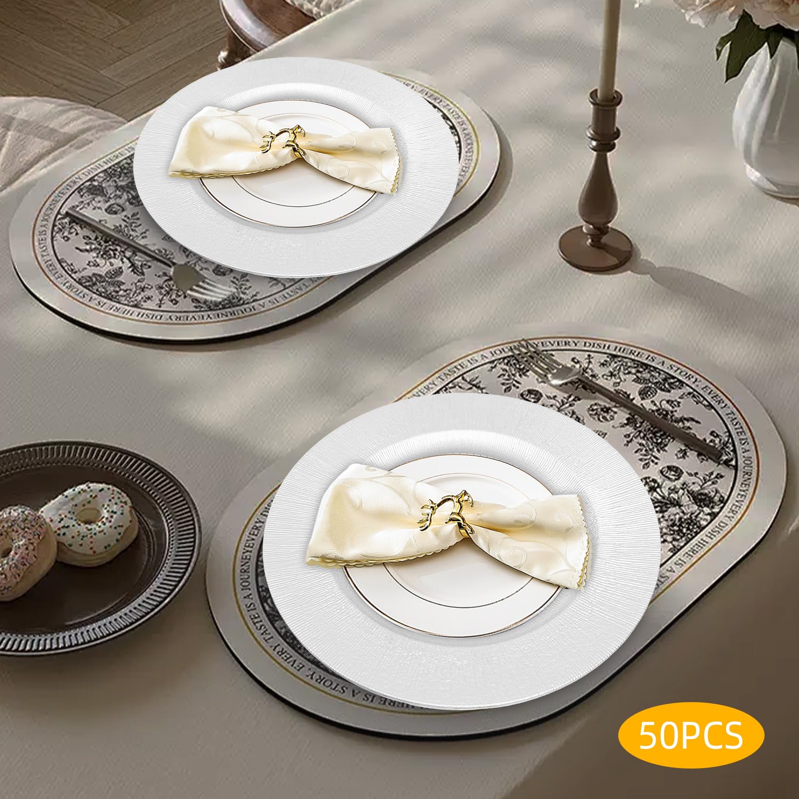 Eapmic 13 Inch Plastic Charger Plates Bulk, 50 Pcs Dinner Plate Chargers, Reusable Round Floral Plates for Wedding, Banquet, Party & Restaurant Decor (Silver)