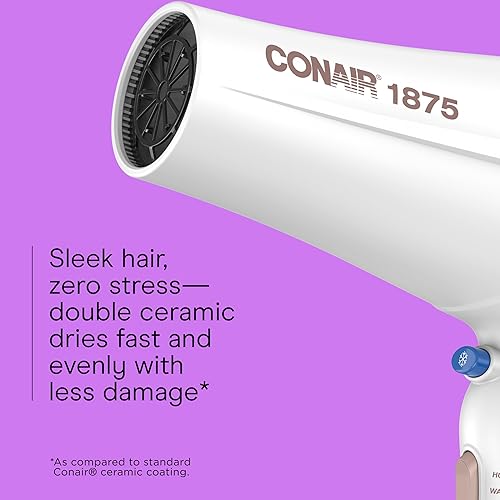 Miniatura 3 de Conair Secador de pelo de cerámica doble, 1875 W con difusor y concentrador, acondicionamiento iónico, 3 ajustes de calor y 2 ajustes de velocidad,