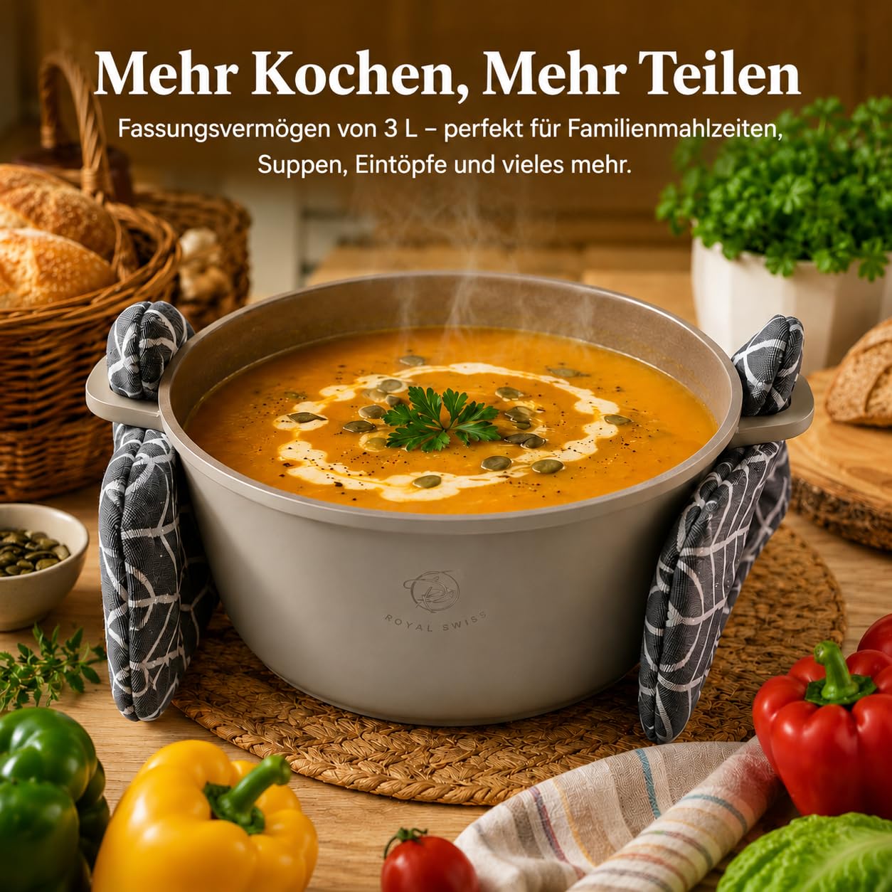 Royal Swiss® Kochtopf 28 cm – 6 Liter – Induktion & Ofenfest – Gussaluminium mit Marmor-Antihaftbeschichtung – Glasdeckel & abnehmbare Silikongriffe – PFAS- & PFOA-frei – Hellbeige
