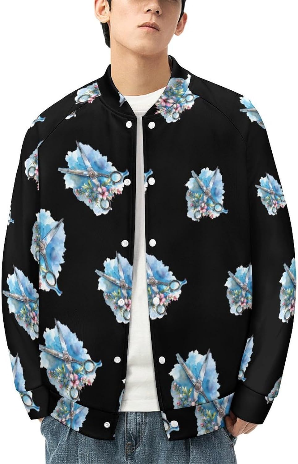Haircut Flowers Watercolor Novelty Men's Baseball Jackets Causal Sweatshirt Button Top Long Sleeve Coat