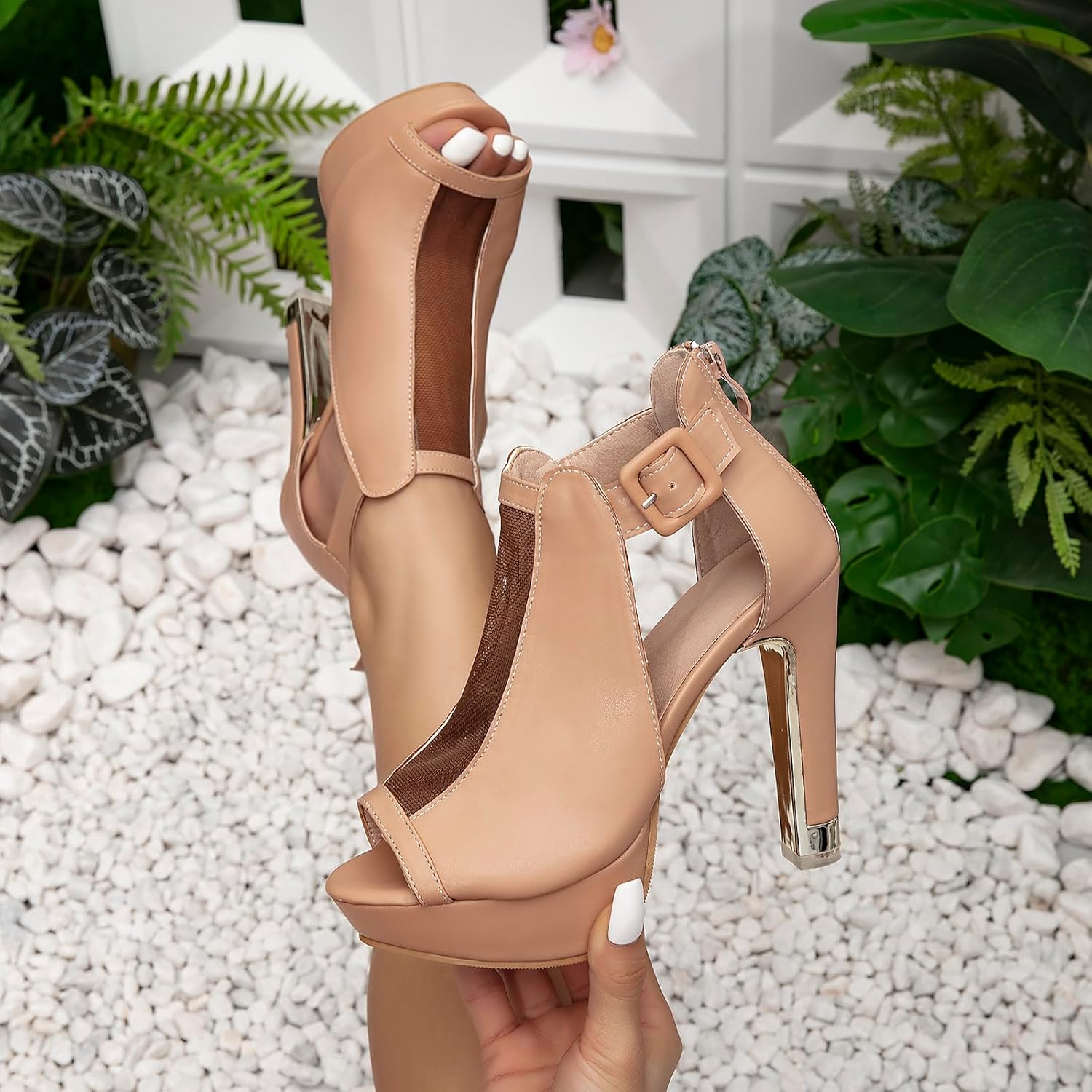 GATUXUS Women's Block Heels Cutout Ankle Booties Peep Toe Back Zipper High Heeled Sandals Dress Shoes - Image 9