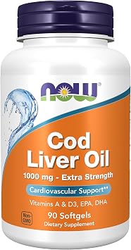NOW Foods Supplements, Cod Liver Oil, Extra Strength 1,000 mg with Vitamins A & D-3, EPA, DHA, 90 Softgels