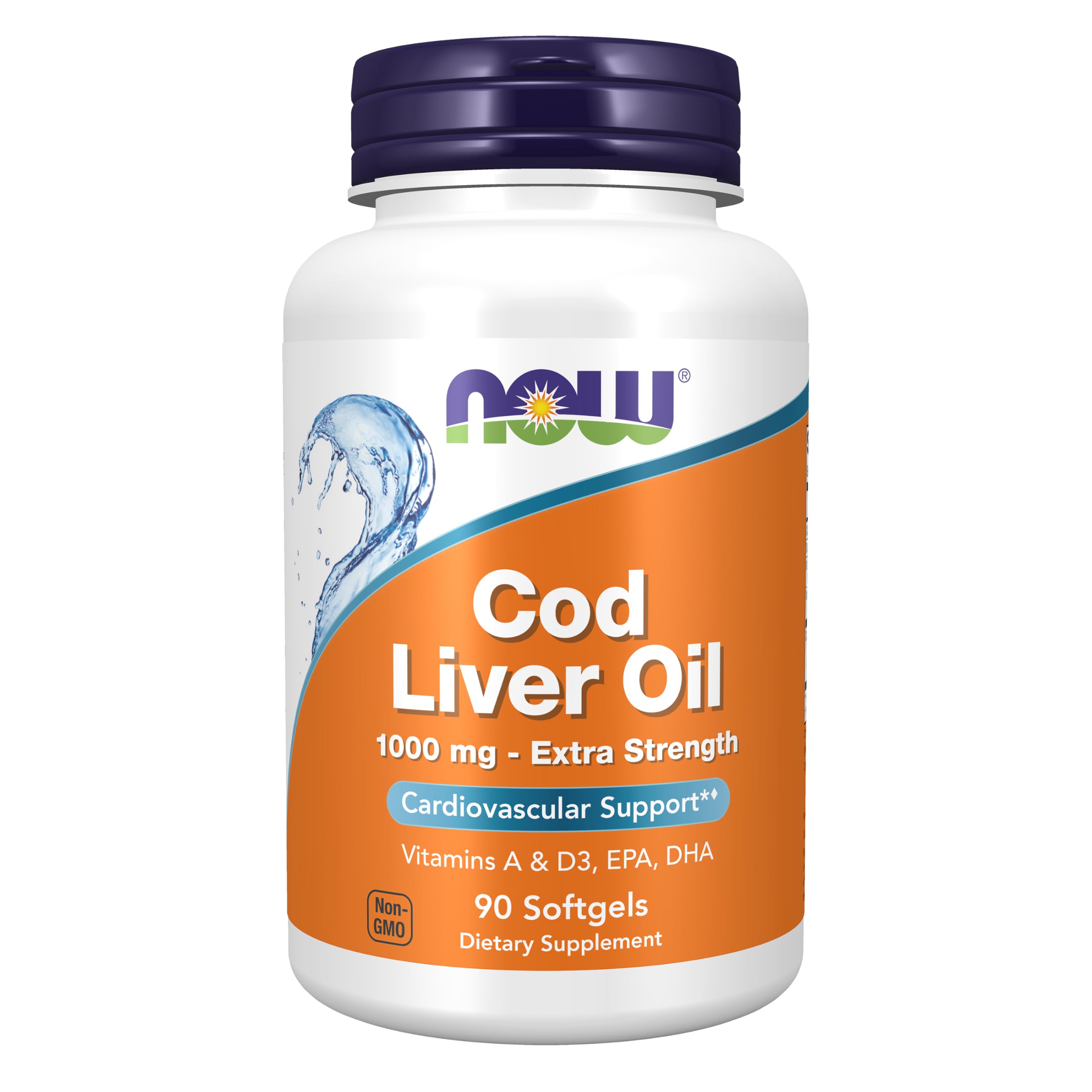 NOW Foods Supplements, Cod Liver Oil, Extra Strength 1,000 mg with Vitamins A & D-3, EPA, DHA, 90 Softgels