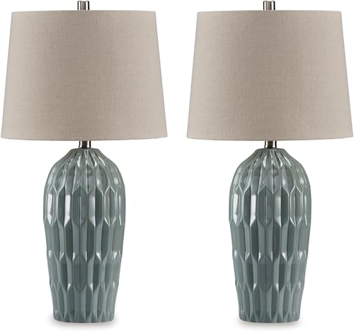 Signature Design by Ashley Hadbury Contemporary Ceramic Table Lamp Set with 3-Way Switch, Set of 2, Light Green & Beige
