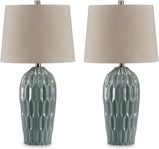 Signature Design by Ashley Hadbury Contemporary Ceramic Table Lamp Set with 3-Way Switch, Set of 2, Light Green & Beige