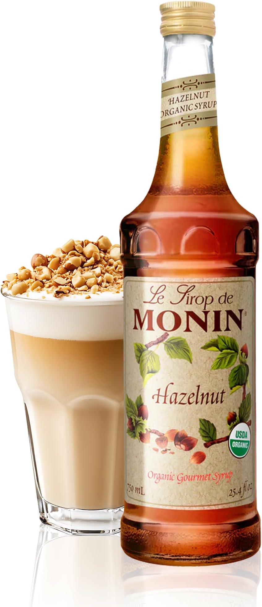 Monin - Organic Hazelnut Syrup, Nutty Taste of Caramelized Hazelnut, Natural Flavors, Great for Mochas, Lattes, Smoothies, Shakes, and Cocktails, Non-GMO, Gluten-Free (750 ml)