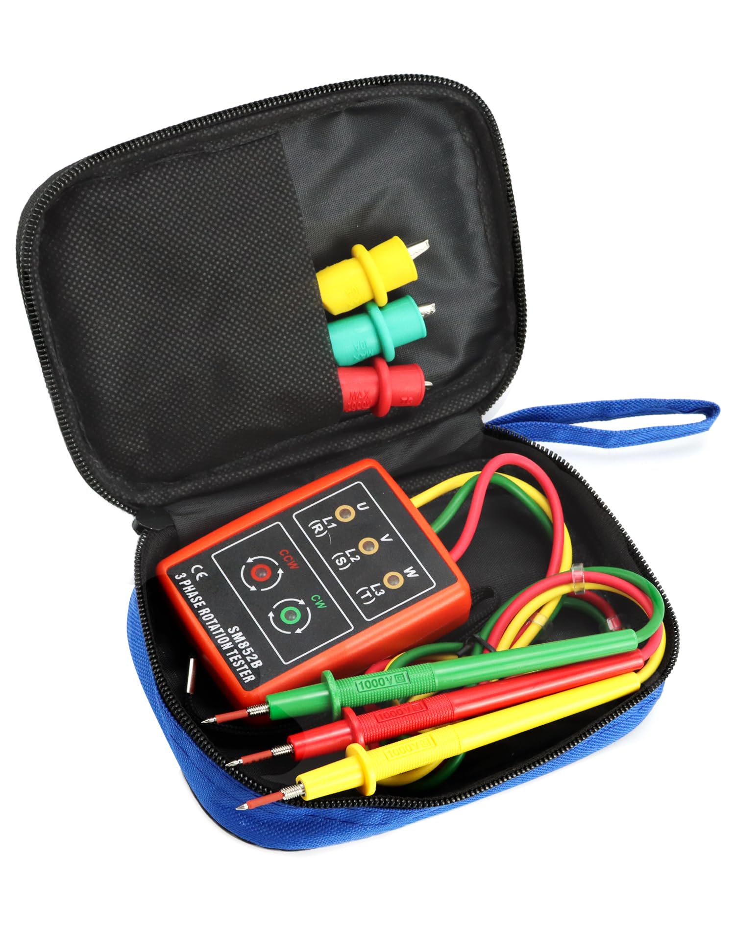 QWORK® Probador de fase, dispositivo de medición de campo giratorio para 3 fases, 60 V ~ 600 V CA, 20-400 Hz, con probador de zumbador y pinzas de cocodrilo