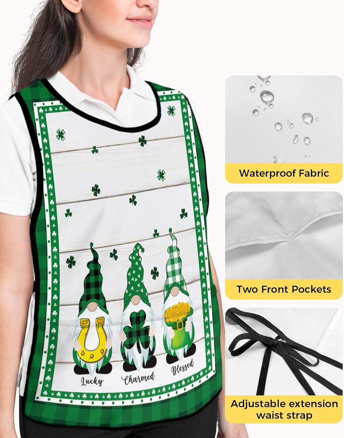 Unisex Cobbler Apron with 2 Pockets, St. Patrick's Day Lucky Gnomes on Wooden Grain Waterproof Vest Kitchen Chef Apron, Smock Apron Vest Cobbler Aprons for Women Men, 2 Pack, 20” x 31.5”