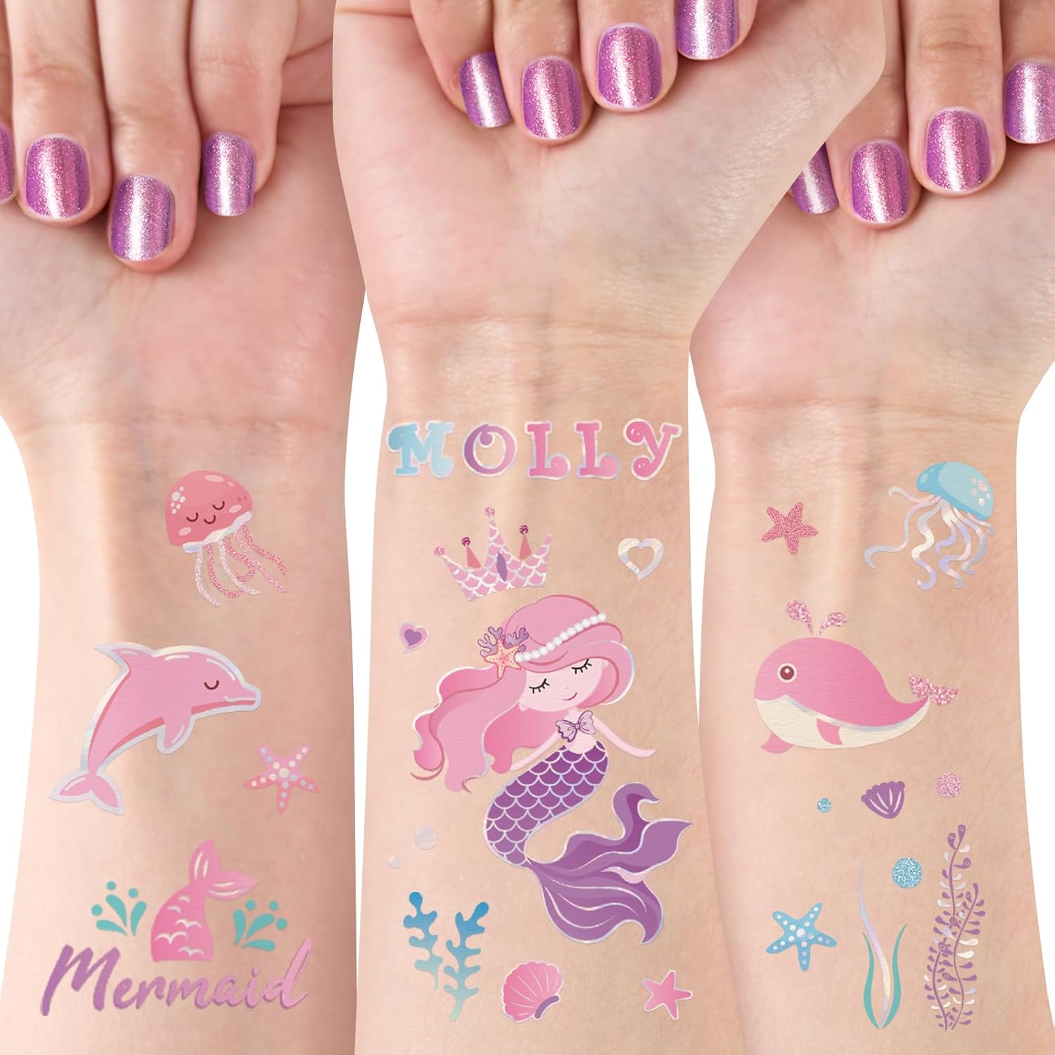 WERNNSAI Mermaid Temporary Tattoos for Kids - 6 Sheets Laser Styles Fake Tattoo Stickers 300+ with Alphabet Stickers Mermaid Tail Tattoos Birthday Party Supplies Decorations for Girls Children