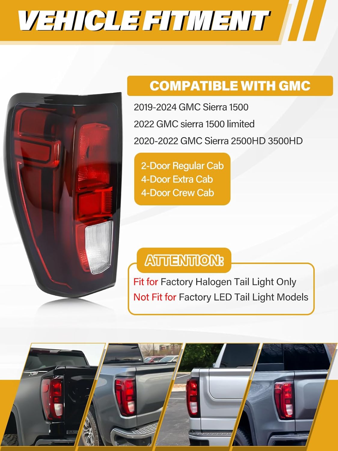 Tail Light Assembly Compatible with GMC 2019-2023 Sierra 1500 2500 HD 3500 HD with Factory Halogen Rear Lamps Model, with Bulbs and Harness Replaces 84565919 GM2800309, Left Driver Side