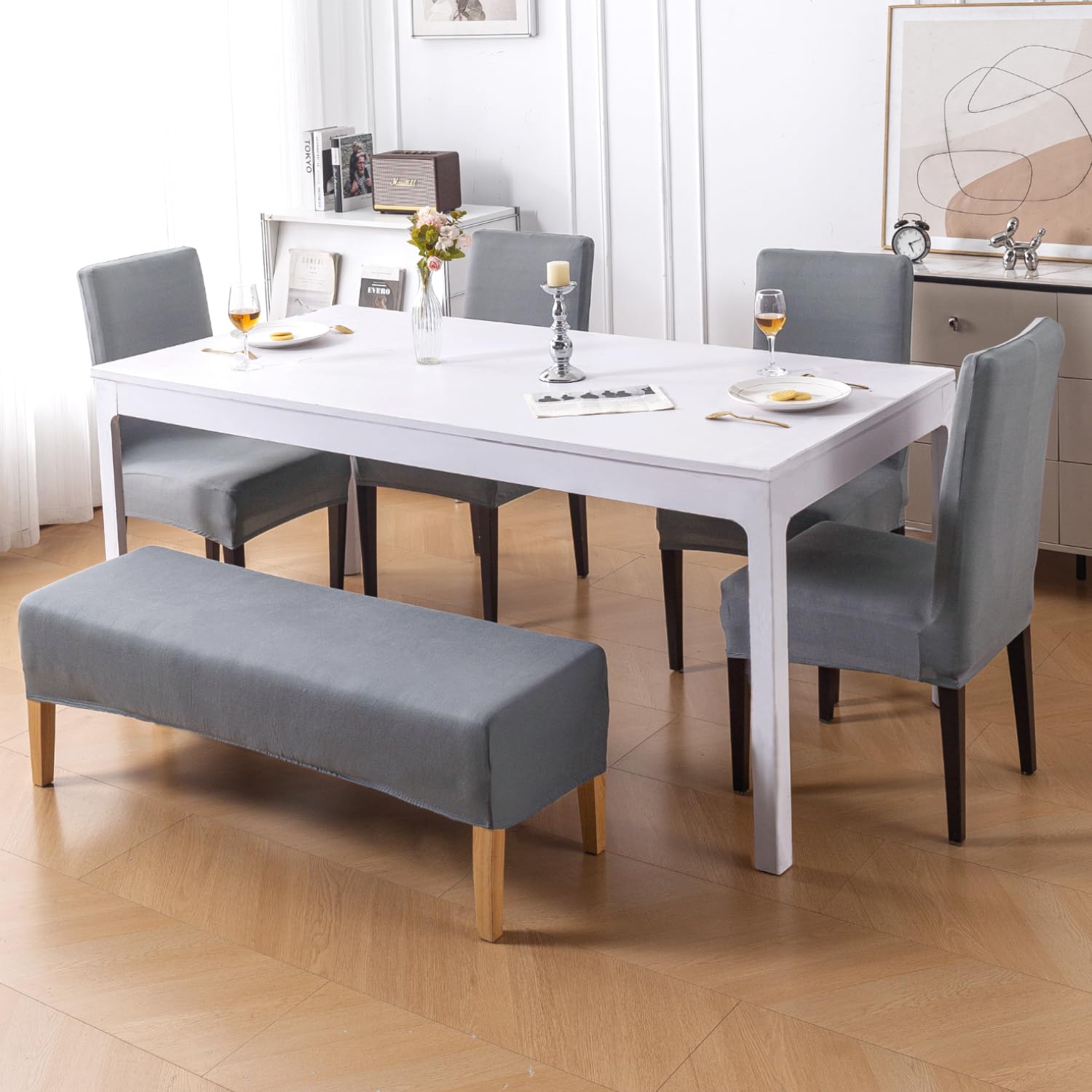 HOKIPO 'SereneSolids' 140 GSM Stretchable Dining Chair Covers Set of 4 with 1 Bench Cover, Smokey Grey (AR-6282-SGRY)-image-17