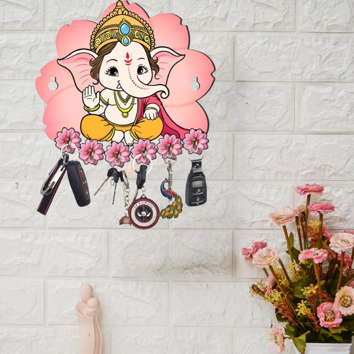 Webelkart Premium Printed Wooden Cute Ganesha Key Holder for Home/Office Decor, Key Hanger for Wall Decor. (10″ Inches)
