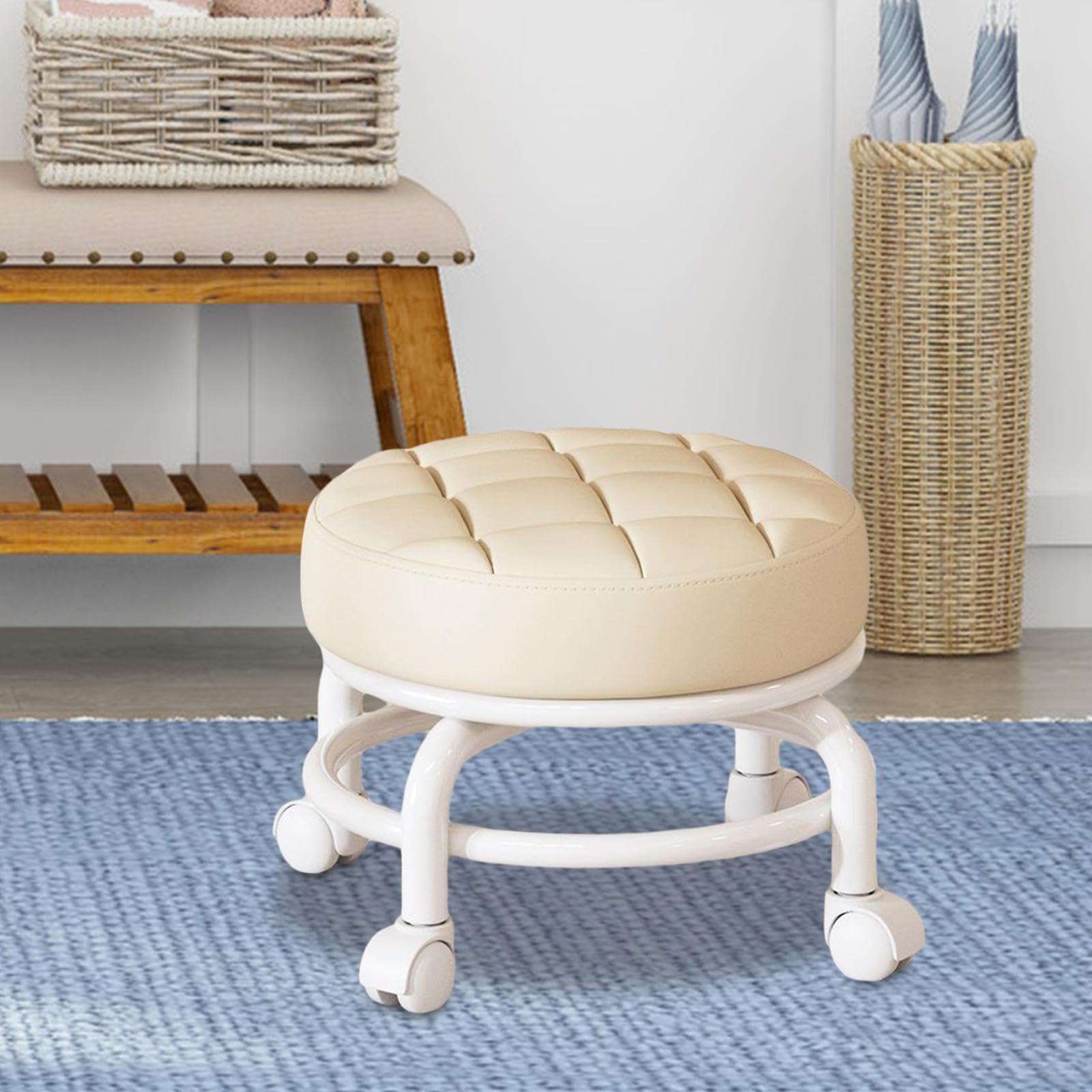 Taburete de rodillos giratorio de 360 ° Taburete para tareas domésticas perezosas Taburete de bajo ruido para niños Poleas pequeñas Taburete Ruedas giratorias, beige