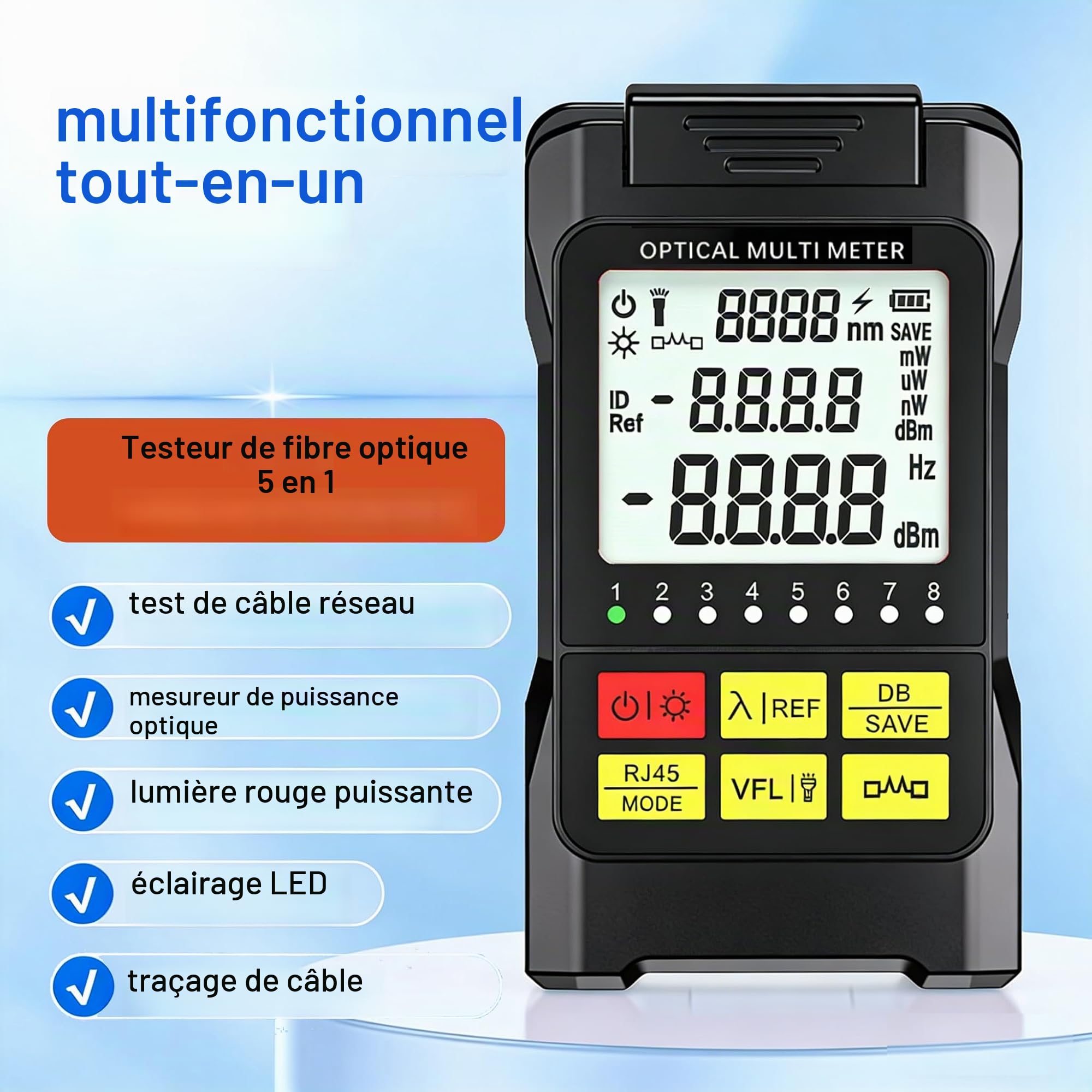 5-en-1 Testeur de Câble Fibre Optique Portable avec Photomètre Fibre Optique, Détecteur de Câble, Localisateur Visuel de Défauts 15mW et Test Réseau RJ45, Interface Universelle SC/FC/ST