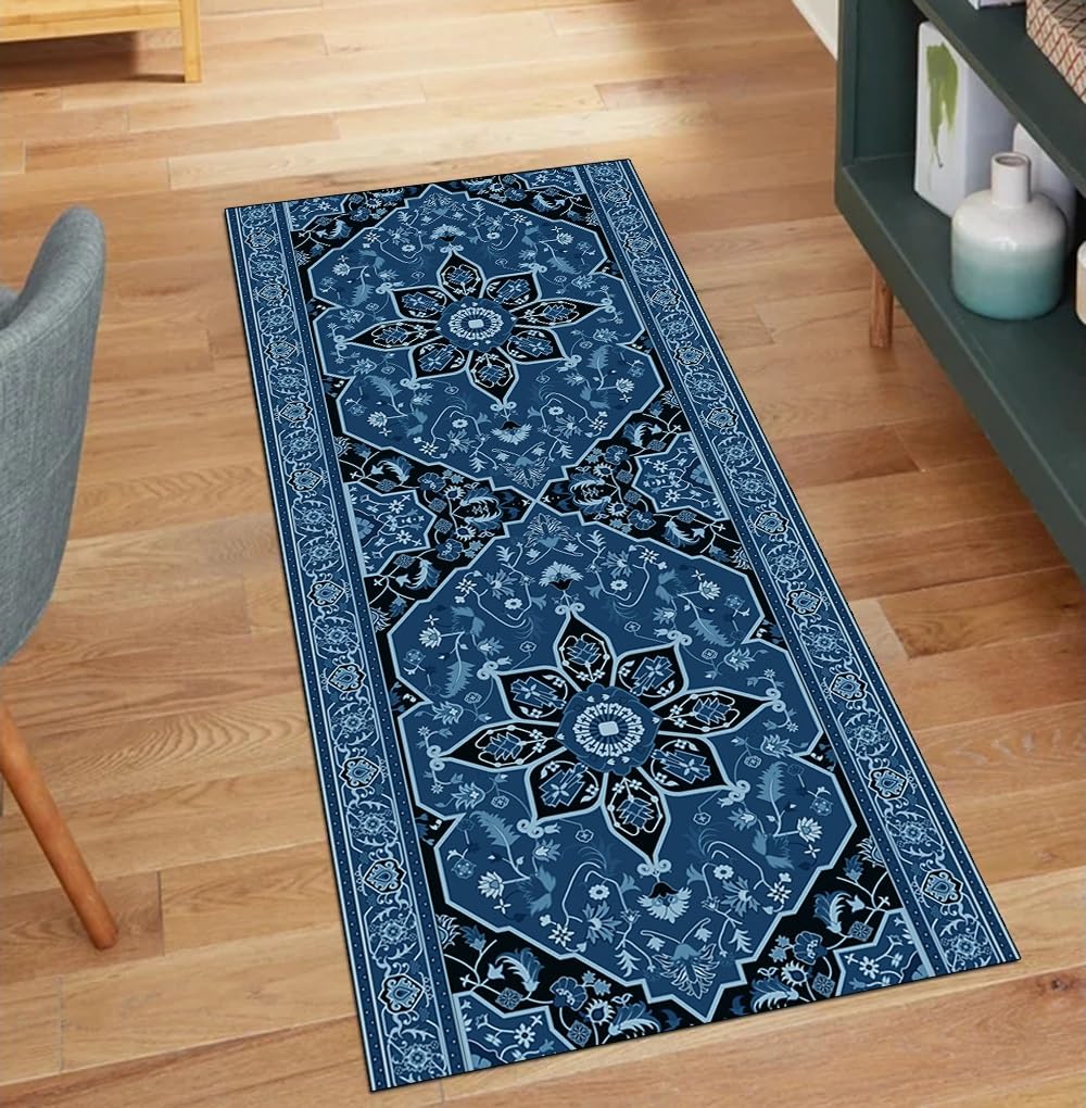 Alfombra antideslizante para pasillo que evita resbalones con tejido azul lavable