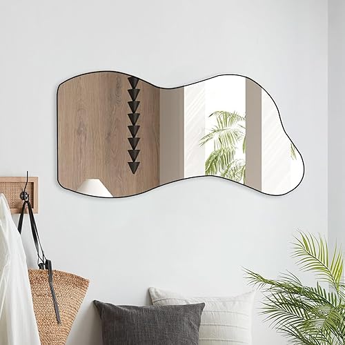 Miniatura 8 de Espejo grande de forma única irregular, espejo de pared asimétrico grande, espejo de pared ondulado moderno negro para sala de estar, baño,