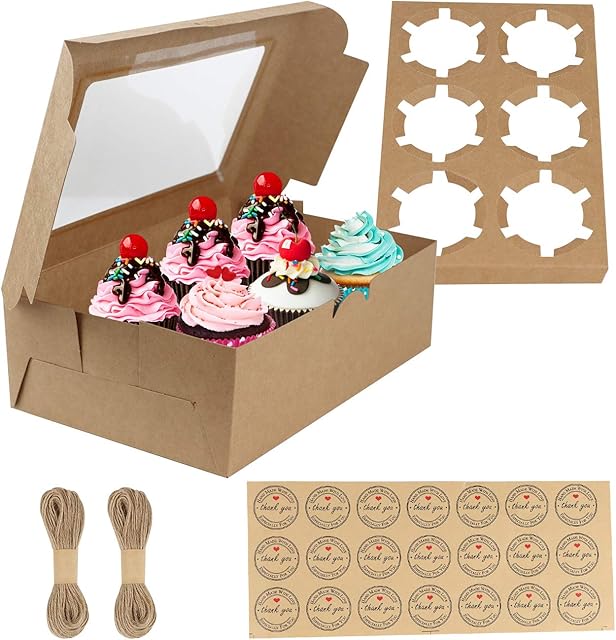 GUIFIER 20 Packs Cupcake Boxes, with Inserts Hold 6 Standard Cupcakes, Brown Bakery Boxes, Cupcake Carrier, Cupcake Holder, Cupcake Containers Carriers Bakery Cake Box (with String, Thanks Stickers)