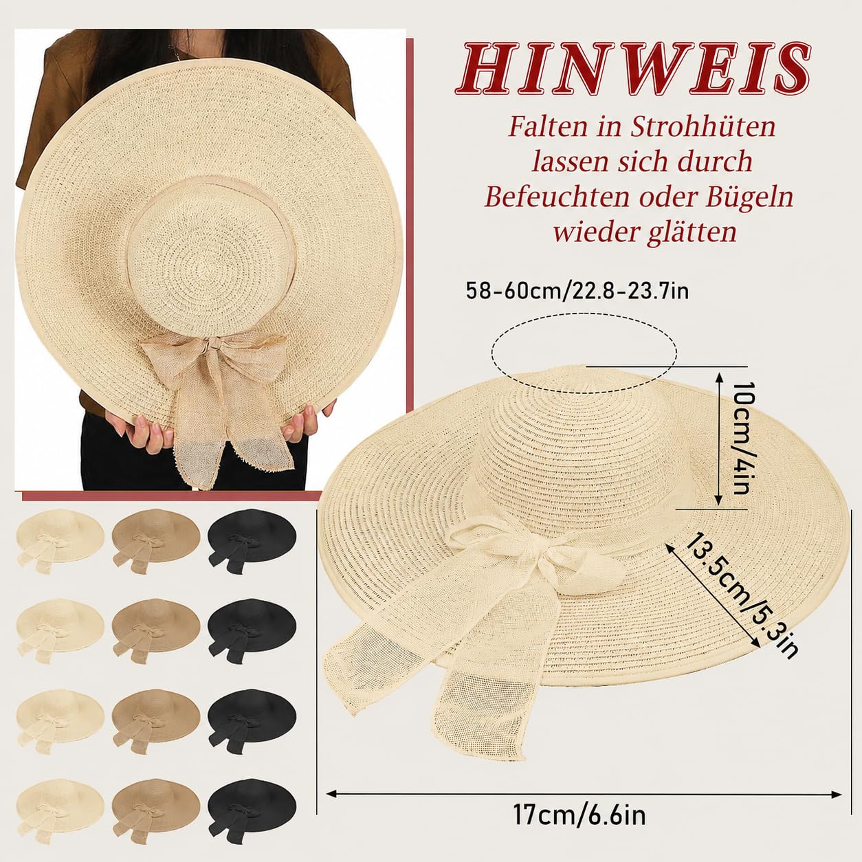 Set di 12 cappelli di paglia da donna estivi con fiocco, cappello da sole pieghevole, larghezza tesa UPF 50+, cappello da spiaggia arrotolabile, protezione UV per vacanze, feste, JGA, viaggi e