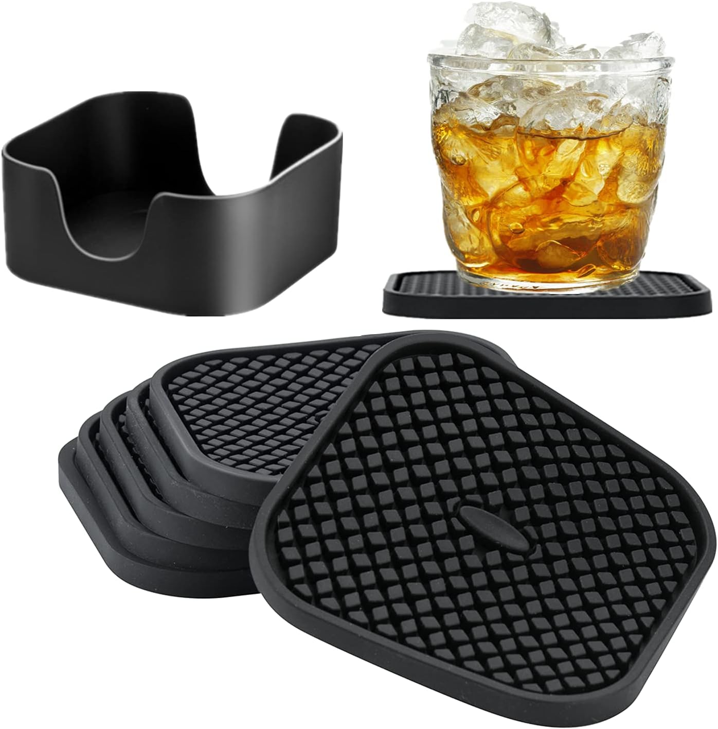 IYYI Silicone Coasters Set of 6, Drink Coasters with Holder, Non-Slip Cup Mat, Deep Tray Absorbent Coaster, Heat Resistant Countertop Protection (Black-Square)