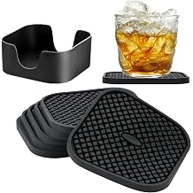 IYYI Silicone Coasters Set of 6, Drink Coasters with Holder, Non-Slip Cup Mat, Deep Tray Absorbent Coaster, Heat Resistant Countertop Protection Black-Square