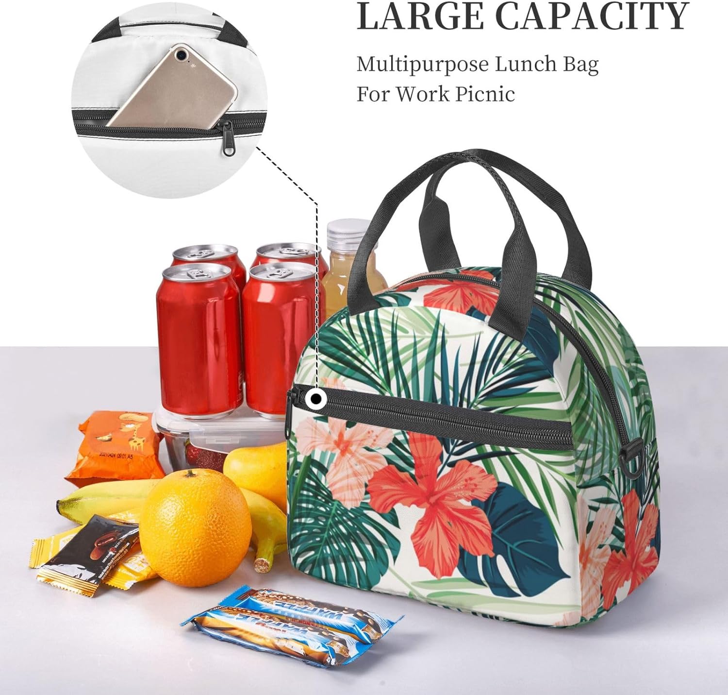 Vegetation Leaves with Hibiscus Flowers Print Reusable Lunch Bag Insulated Lunch Boxes for Office Work Picnic Tote Bag Adjustable