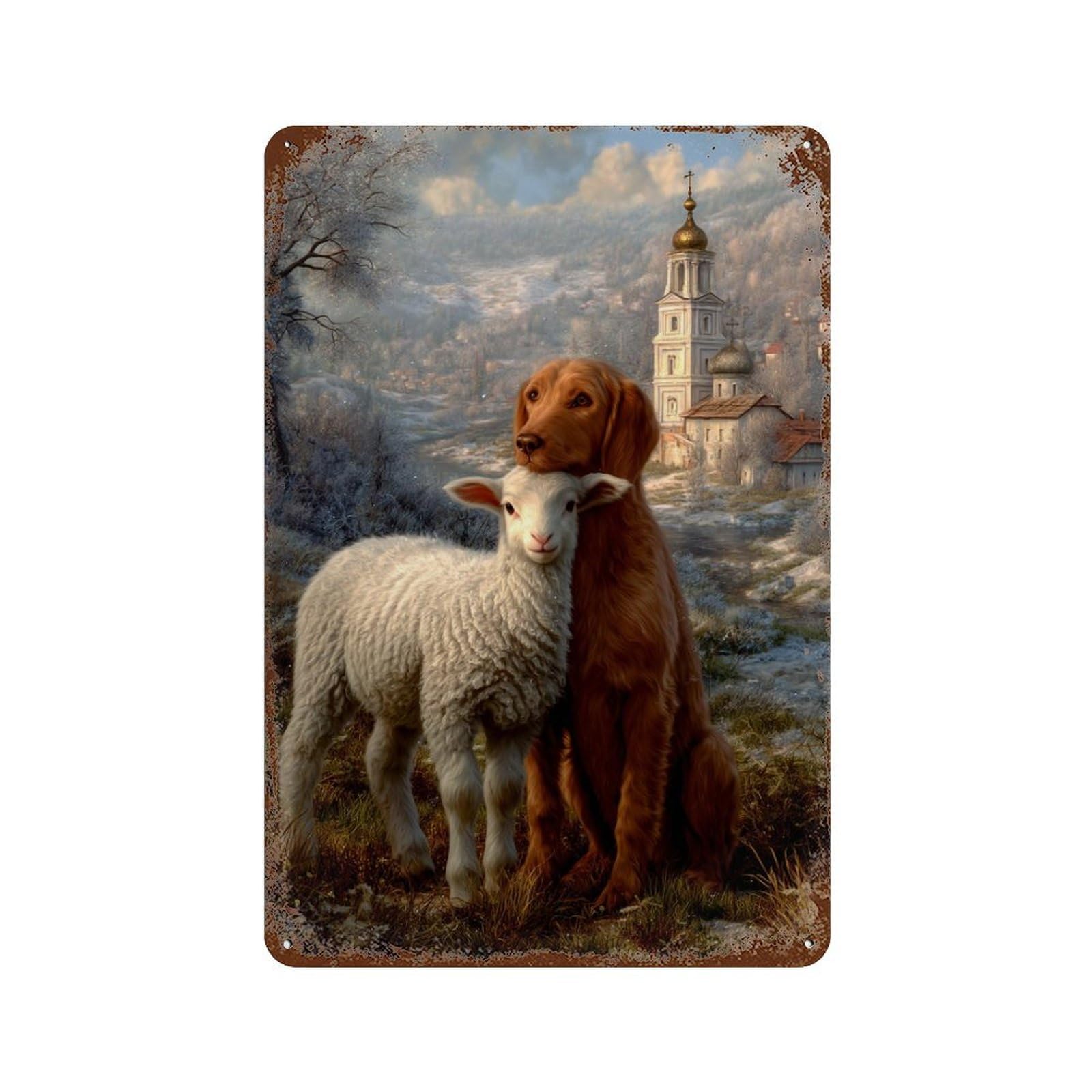 Rust Effect Winter Scene with Lamb And Dog Rustic Tin Plaque 11.8"x7.9", Classic Wall Plaque for Shed, Workshop And Garage Wall Decor