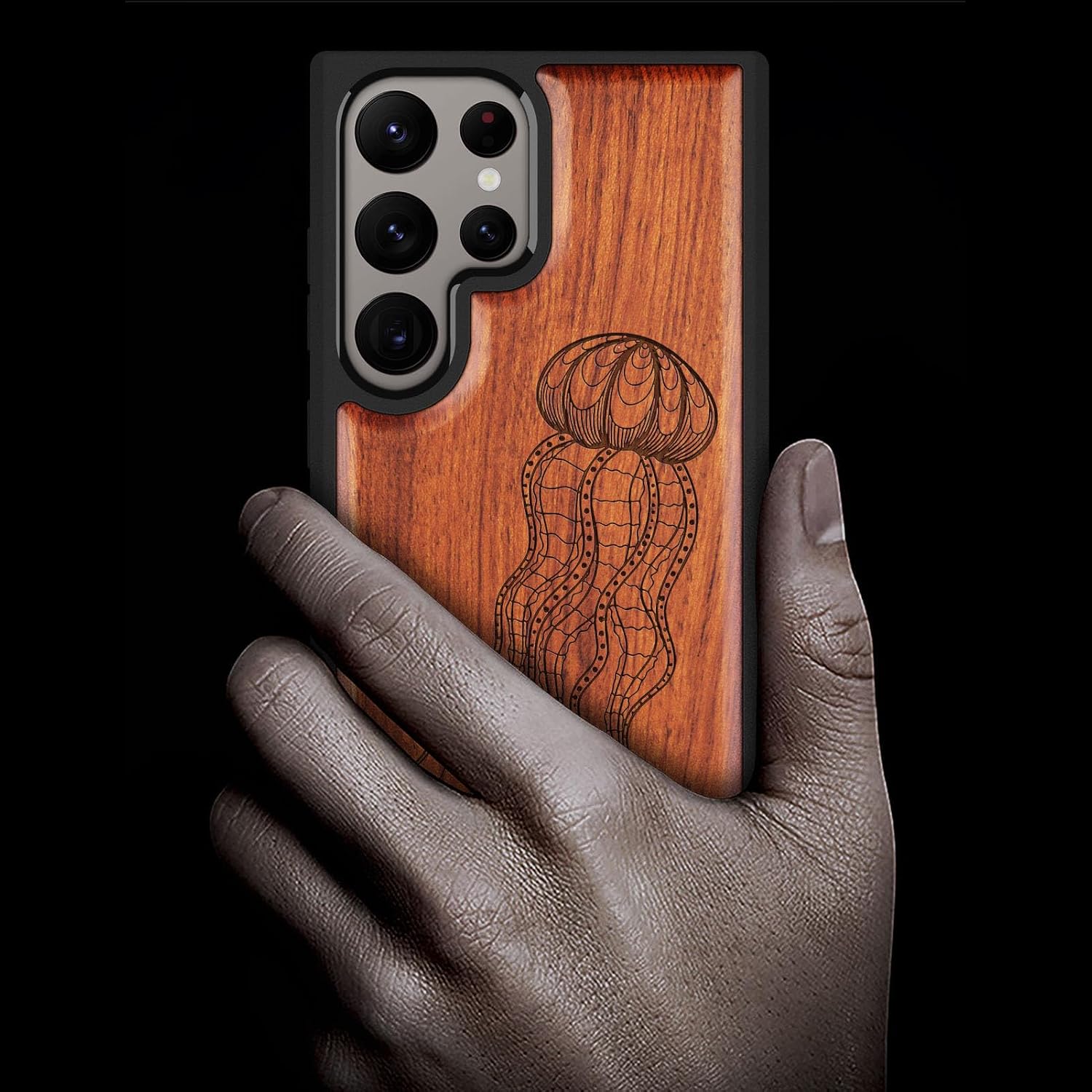 Carveit Wood Case for Galaxy S24 Ultra Case [Natural Wood & Black Soft TPU] Shockproof Protective Cover Unique Wooden Design Compatible with Samsung S24 Ultra (Art Jellyfish-Rosy)