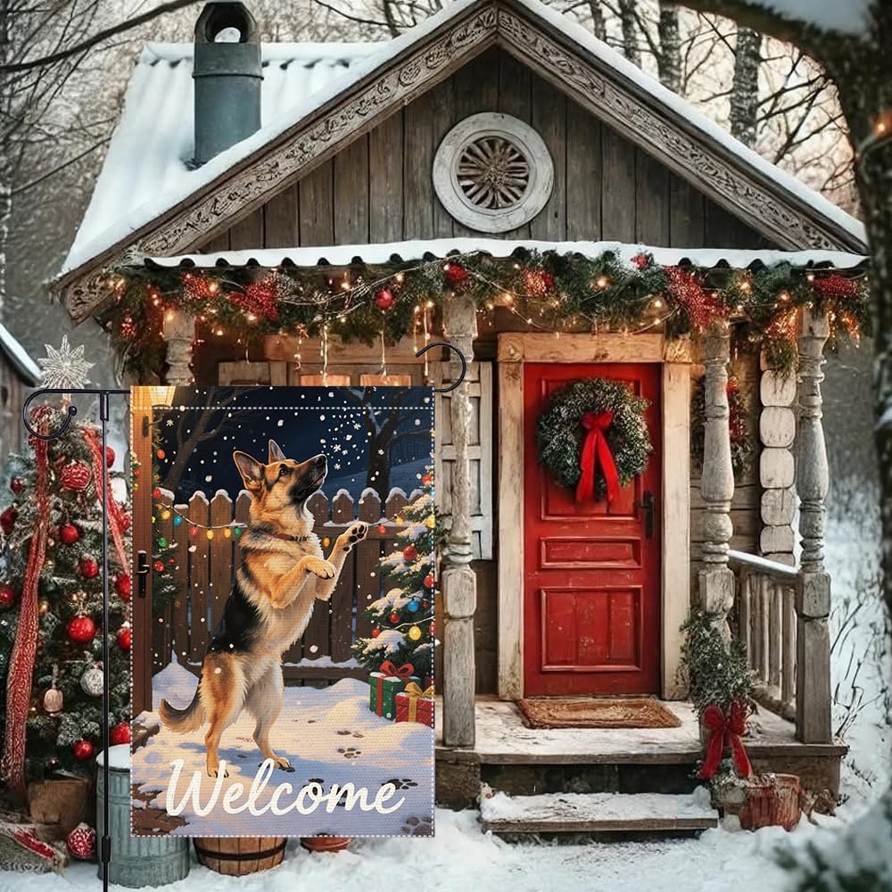 German Shepherd Welcome Garden Flag 12x18 Inch Double Sided Winter Christmas Burlap Yard Banner Outdoor Dog Lover Holiday Seasonal Decor for Home - Image 4