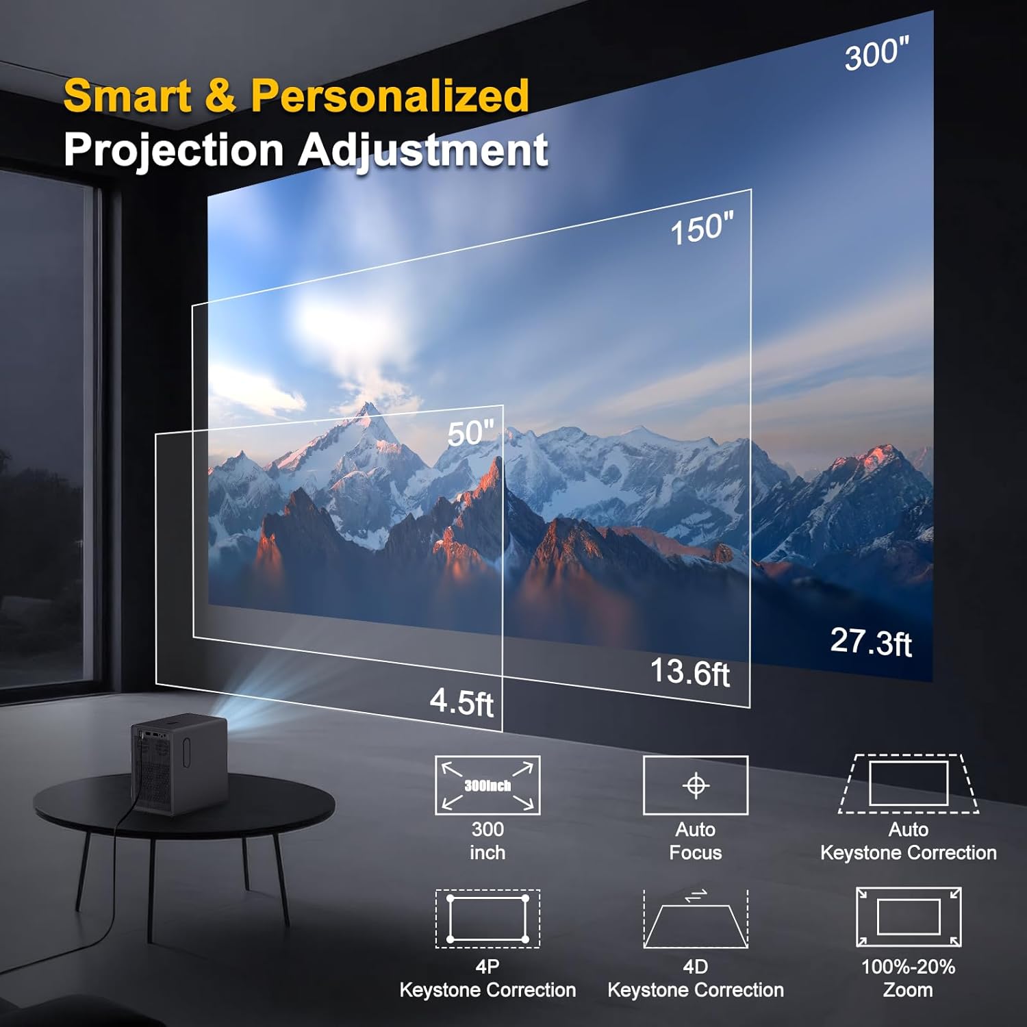【Official Licensed Google TV】4K Smart Projector with WiFi and Bluetooth : Unlimited Access to Streaming Apps, 1200 ANSI, Dolby Audio, 80% Zoom, 300" Portable Movie Projector for Indoor/Outdoor