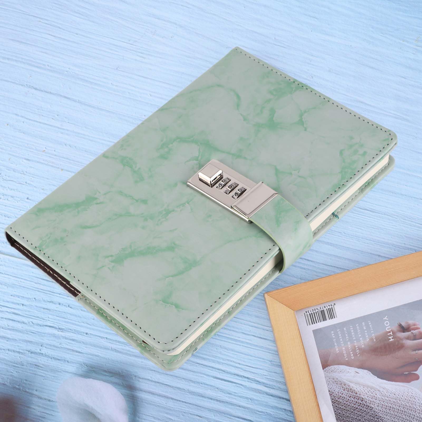 A5 Note Book, PU Leather Cover Password Lock Notepad with 3 Digit Lock Buckle, for Office School Meetings Work Travel Class Notes (Green-Marble Code Book)