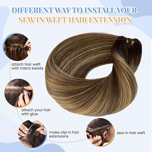 Miniatura 4 de Extensiones de cabello humano real con raíces marrones atadas a mano, balayage, rubio miel, 427, 12 pulgadas, 2.82 oz, extensiones de cabello humano