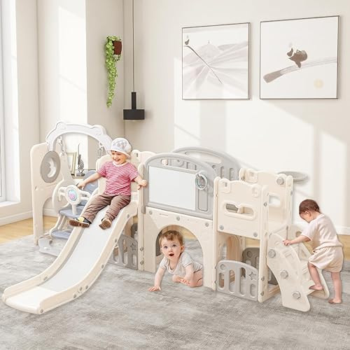 Miniatura 8 de Juego de toboganes 12 en 1 para niños de 1 a 3 años de edad con aro de baloncesto, lanzamiento de anillo, juguete escalador para interiores y Rojo