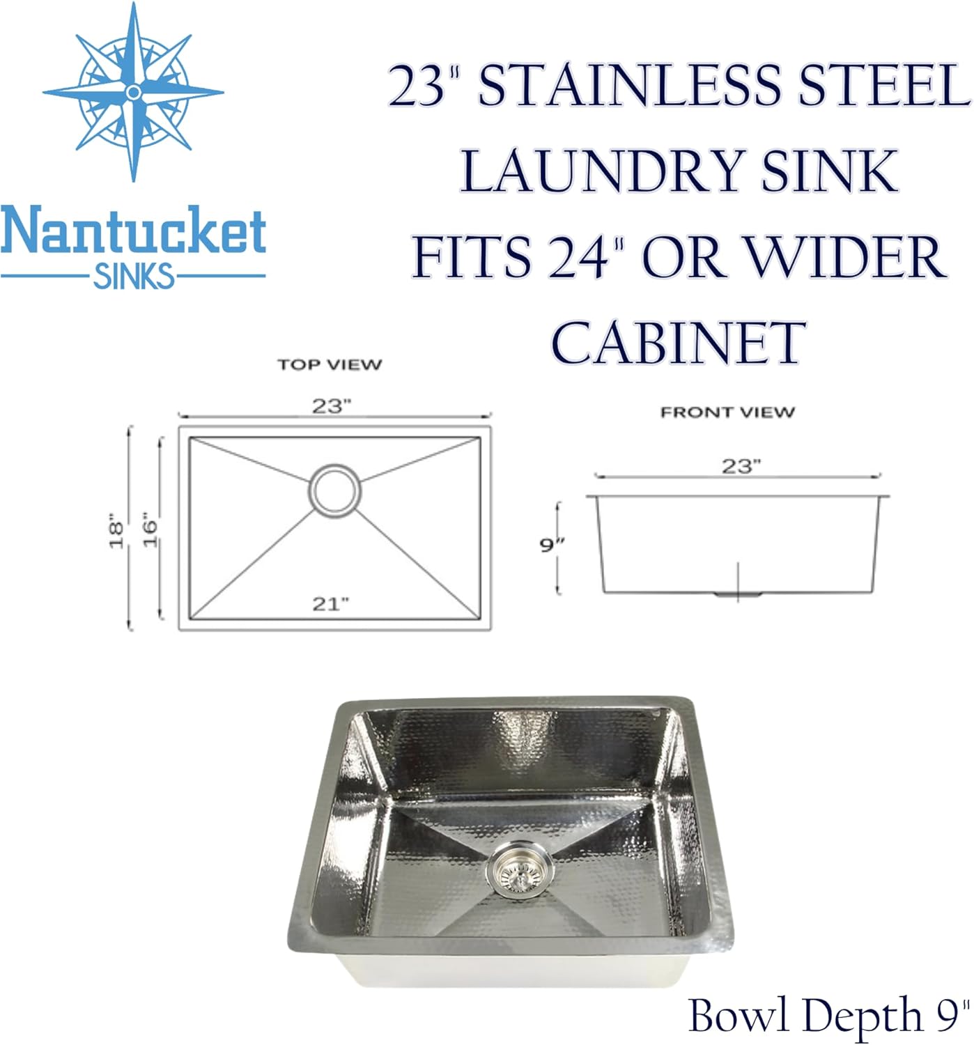Nantucket Sinks Hand Hammered Laundry Sink – 23" Stainless Steel Deep Sink for Utility Room, Undermount Single Bowl, Rectangular, Handmade, 16 Gauge – Brightwork Collection KSSH2318-9