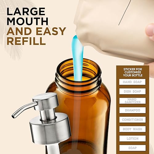 Miniatura 4 de Dispensador de jabón líquido de vidrio ámbar de 8.5 onzas, dispensador de bomba recargable para fregadero de cocina y juego de baño, paquete de 2