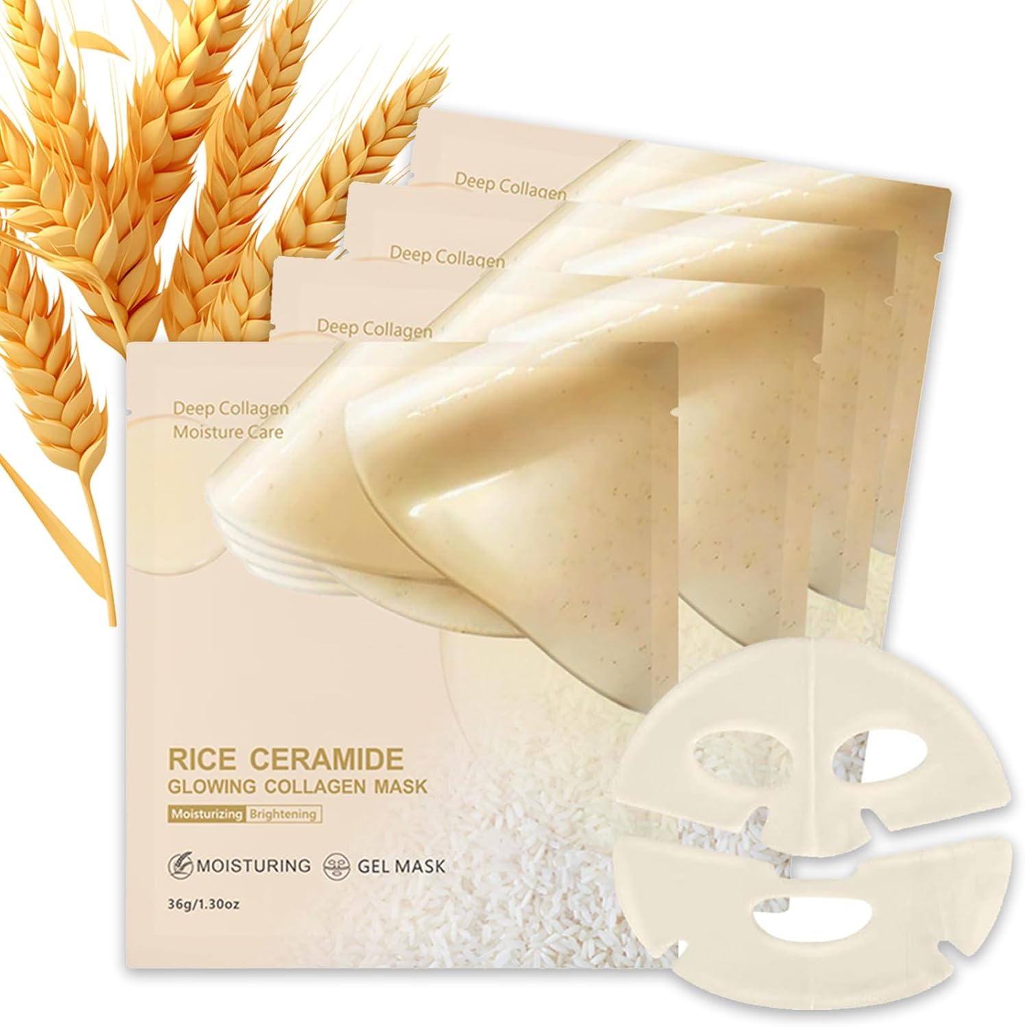 4Pcs Rice Sheet Mask, Overnight Mask for Face Glow with Collagen Extract & Ceramide, Collagen Face Mask, Korean Skincare for Brightening, Hydrating & Anti-Aging, Moisturising Skin Barrier Repair