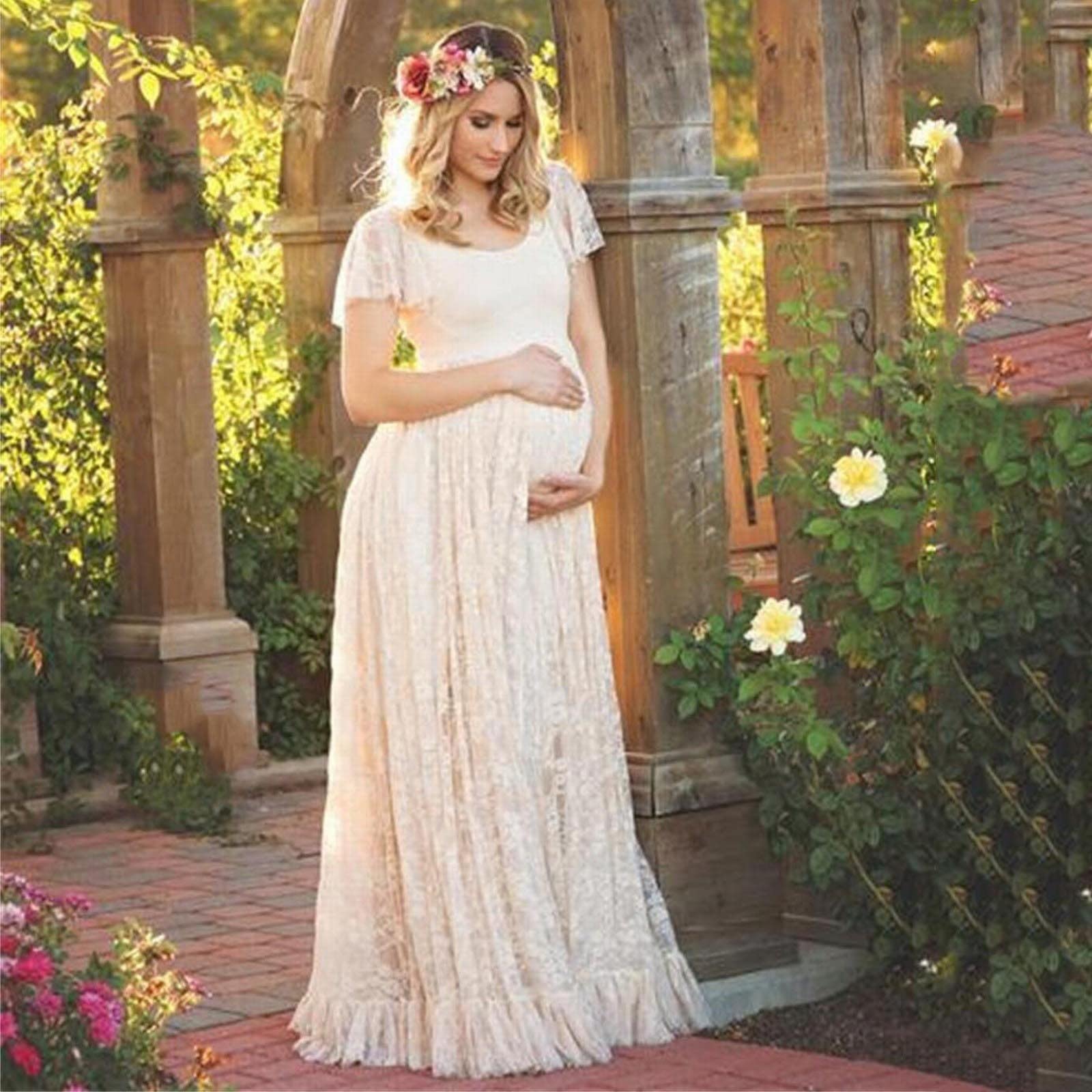 Amazon.com: Lace Overlay Dress Plus Size Women's Lace Maternity Ruffles  Short Sleeved Dress Long Dress Dress Maternity (Pink, XL) : Clothing, Shoes  & Jewelry