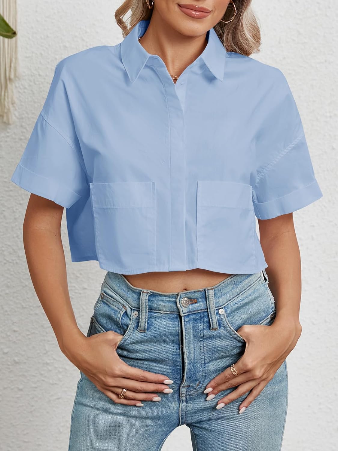 Tankaneo Womens Button Down Shirts Cropped Short Sleeve Casual Crop Tops Blouses with Pockets - Image 4