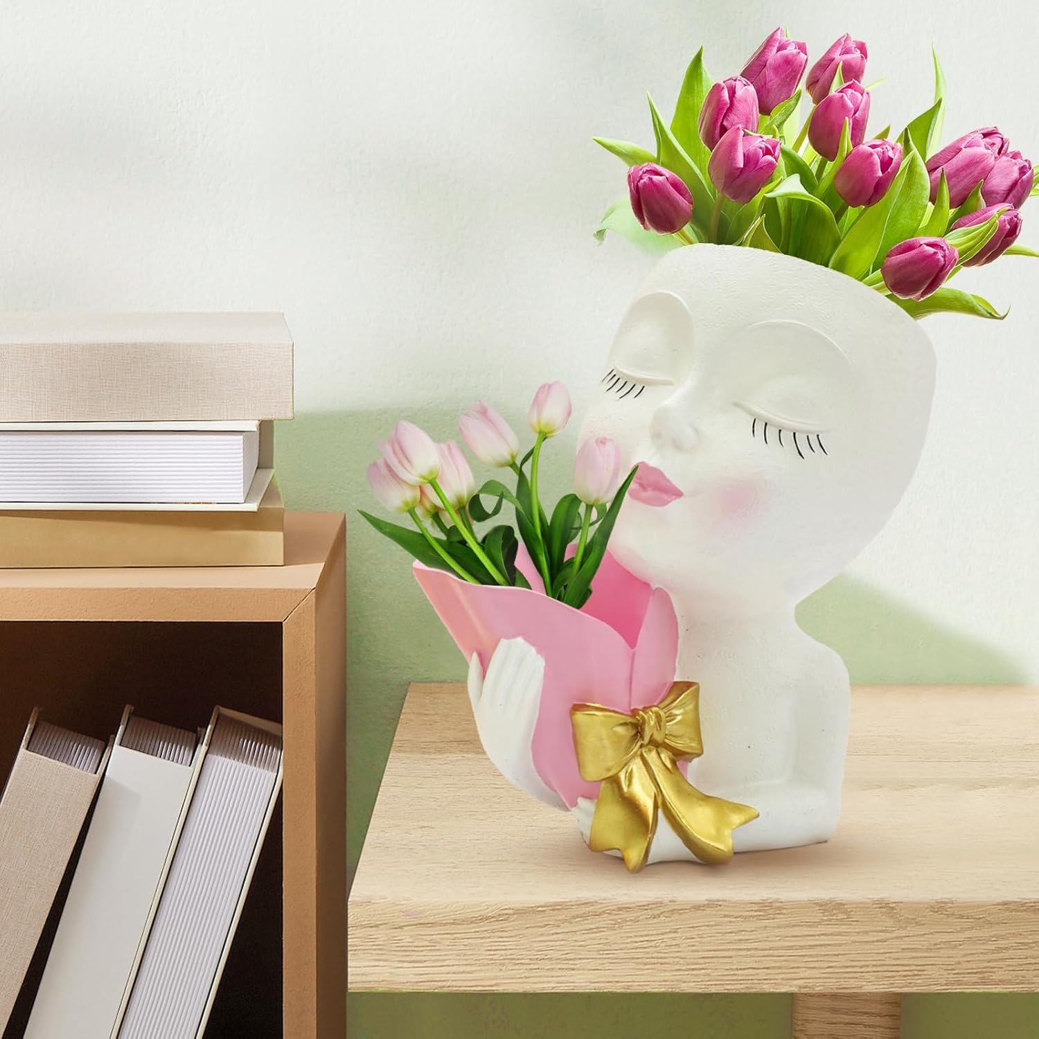 Face Planter Pots Head Planter Lady Succulent Planters Women Face Double Flower Pot Head Planter for Indoor Outdoor Plants with Drainage Hole (White)