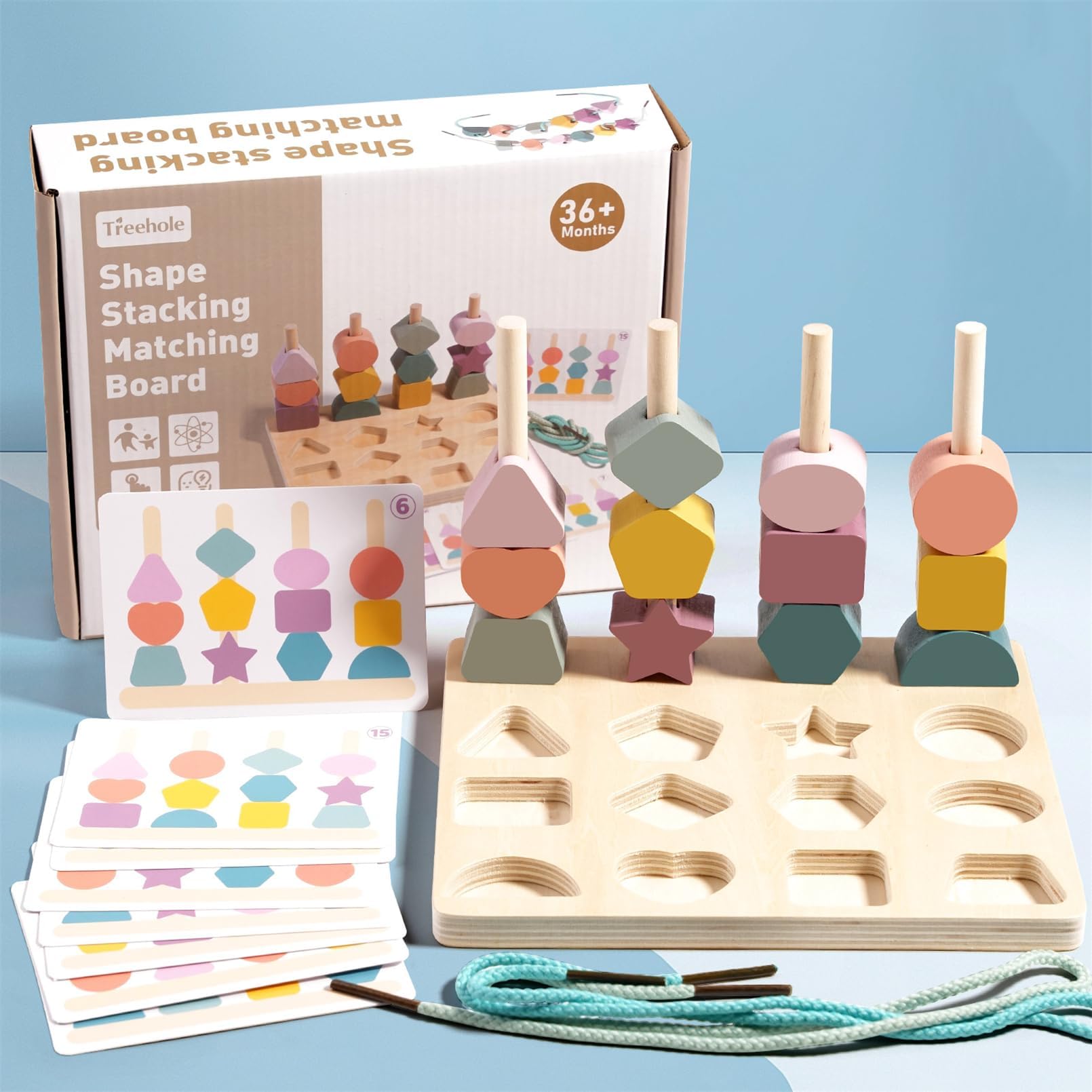 AM ANNA 3 in 1 Wooden Color Sorting Stacking Toys, Montessori Wooden Beads Sequencing Toy Set, Montessori Stem Fine Motor Skills for Toddlers, Preschool Learning Montessori Toys Gifts for Kids