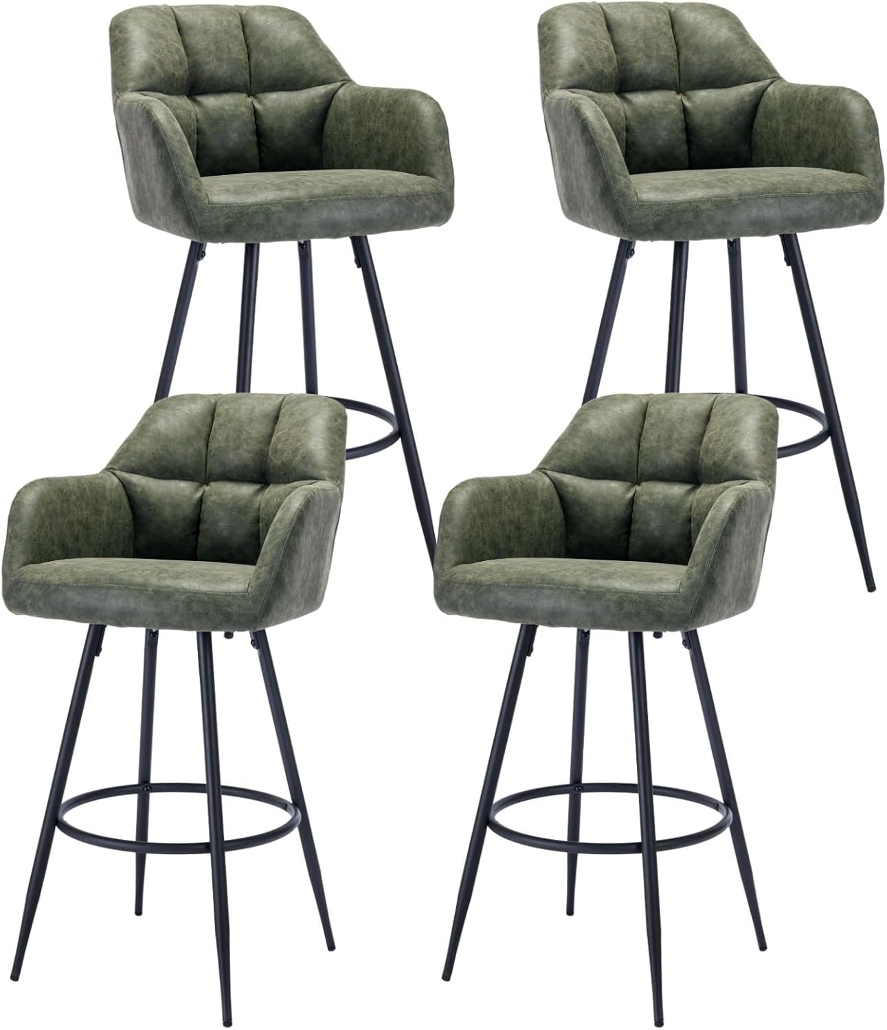 ROCITY Leather Bar Stools Set of 4 Bar Height Stools with Backs Green Bar Chair for Kitchen Island Modern Barstools with Black Metal Legs, 30 Inch