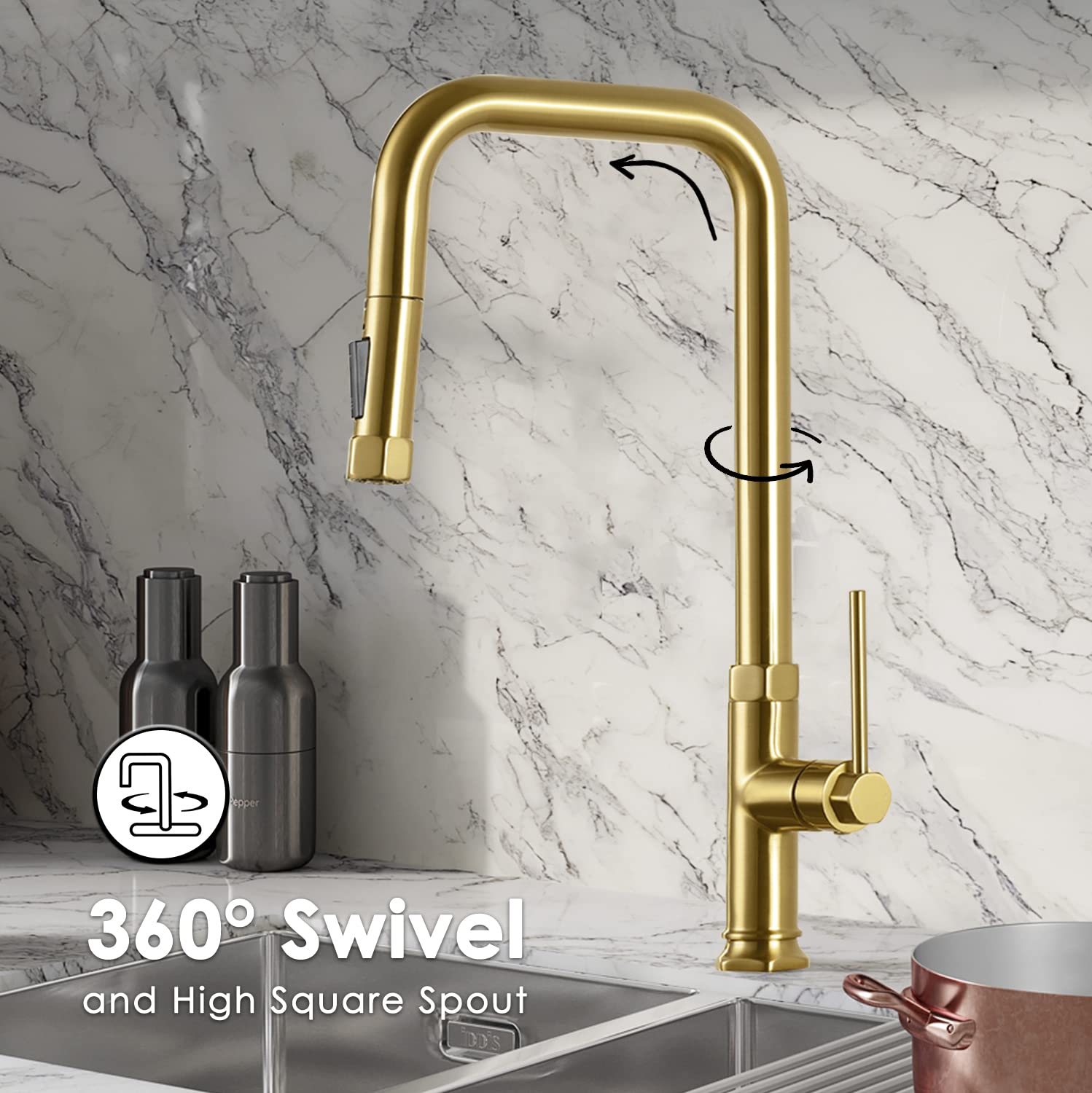 Rubinetti da cucina in oro spazzolato con spruzzatore estraibile e distributore di sapone, rubinetto da cucina estraibile in ottone massiccio a maniglia singola e dispenser di sapone in acciaio