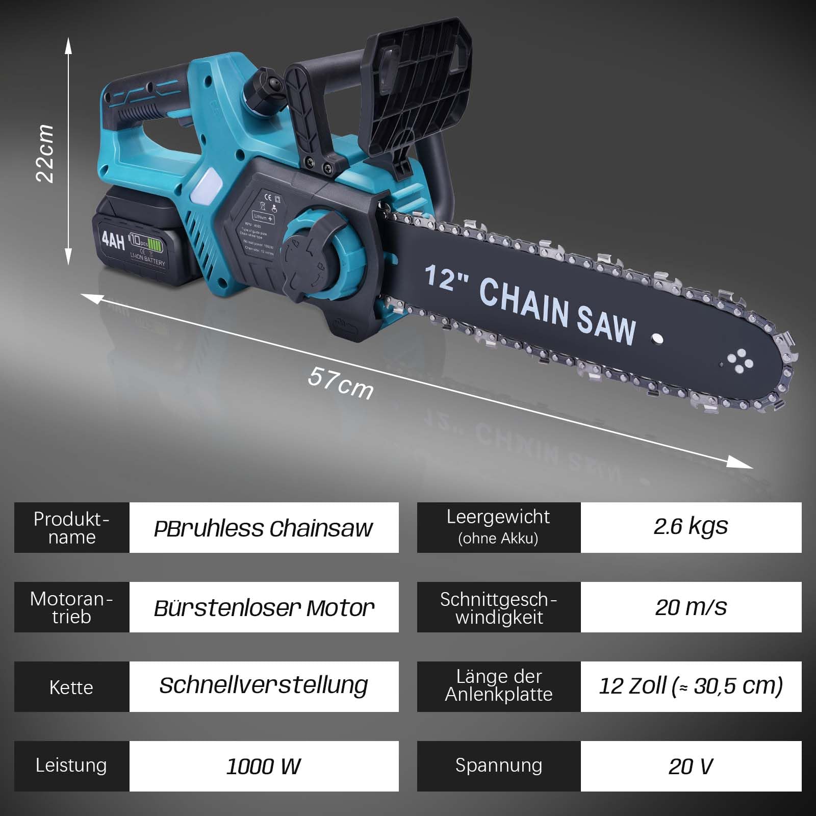 Akku Kettensäge 12 Zoll, Elektro Kettensäge kompatibel mit Makita 18V Akku | 1000W Bürstenloser Motor | Automatische Kettenschmierung | Werkzeuglose Kettenspannung | 30cm Schwertlänge (ohne Akku)