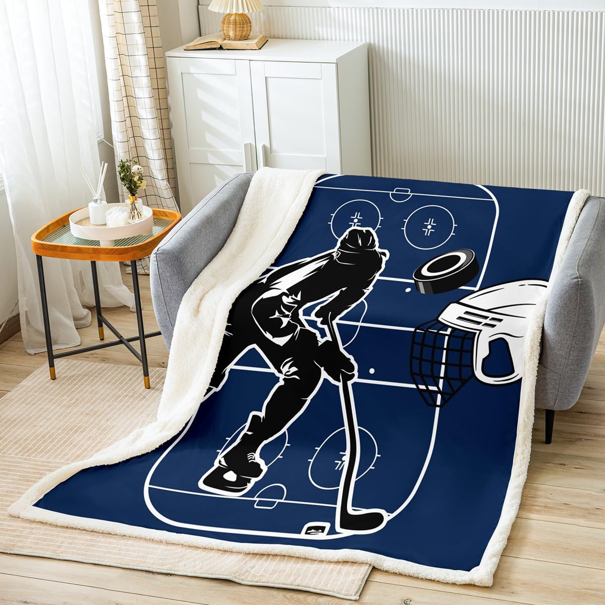Homemissing Ice Hockey Fleece Throw Blanket Baby 30x40Inch Kids Hockey Player Plush Blanket for Bed Sofa Boys Girls Teens Winter Hockey Punk Sherpa Blanket Blue Sports Theme Fuzzy Blanket Home Decor
