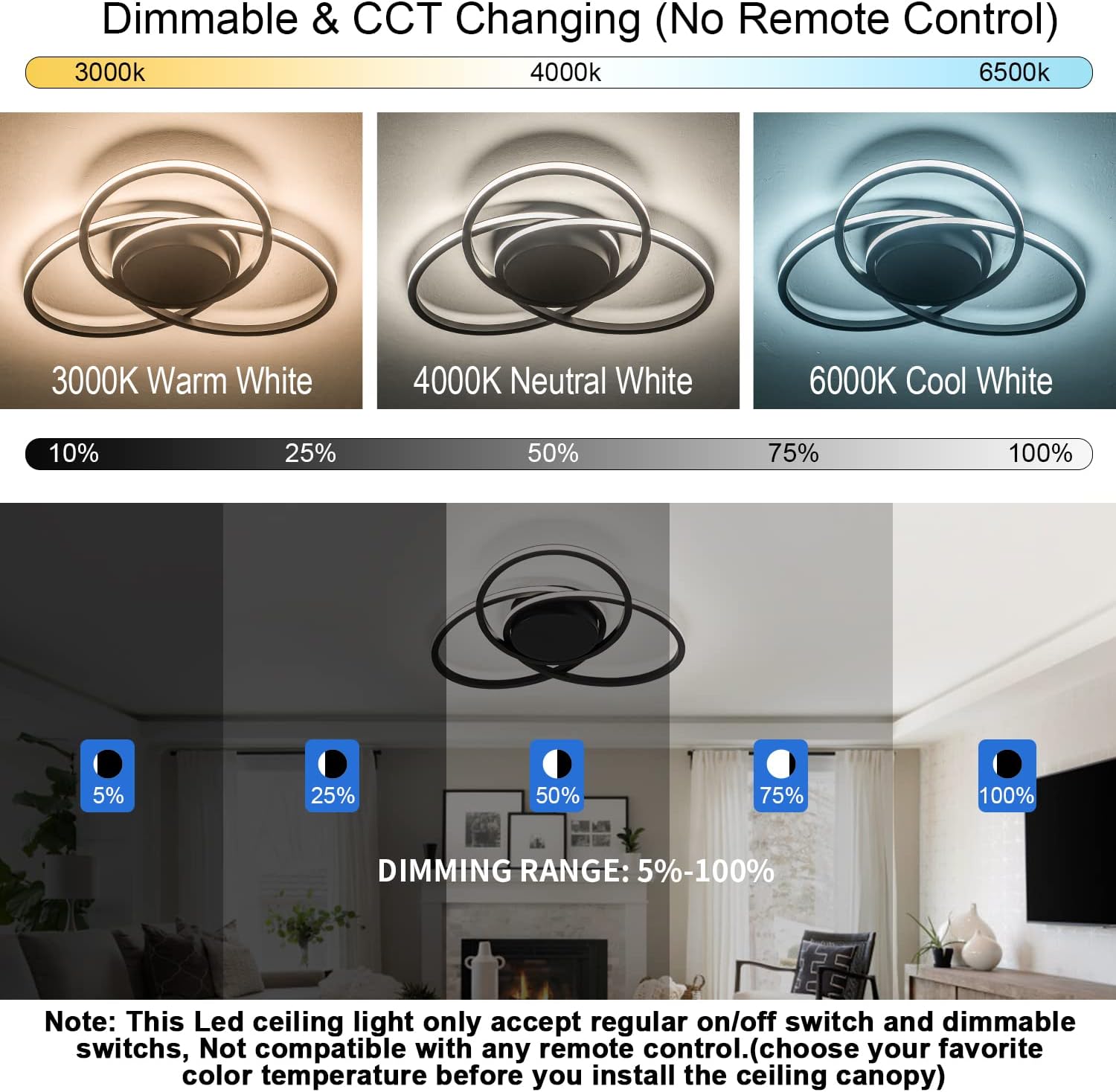 MADEM Room Decor 23.6'' Modern LED Ceiling Light Dimmable Flush Mount for Bedroom Black LED Chandelier Close to Ceiling Light for Living Room Dining Room Kitchen Hallway, 38W 3000K-6000K