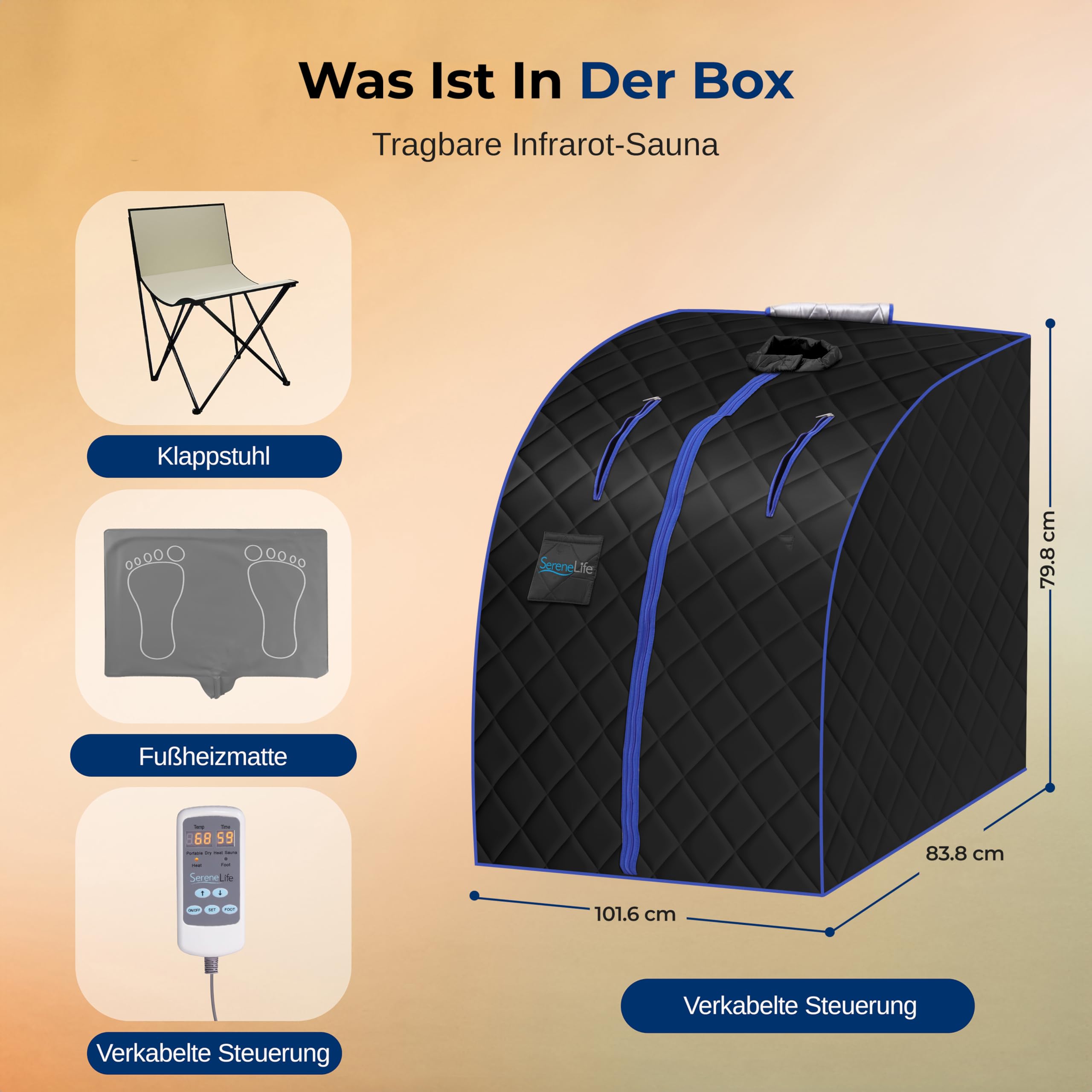 SereneLife Dampfsauna Zelt Schwarz 84×80×103 cm – Tragbare Heimsauna mit Stuhl und Heizmatte Faltbare Mini Sauna - Mobile Dampfbad Kabine bis 60 °C, Carbon-Heizelement und Fernbedienung